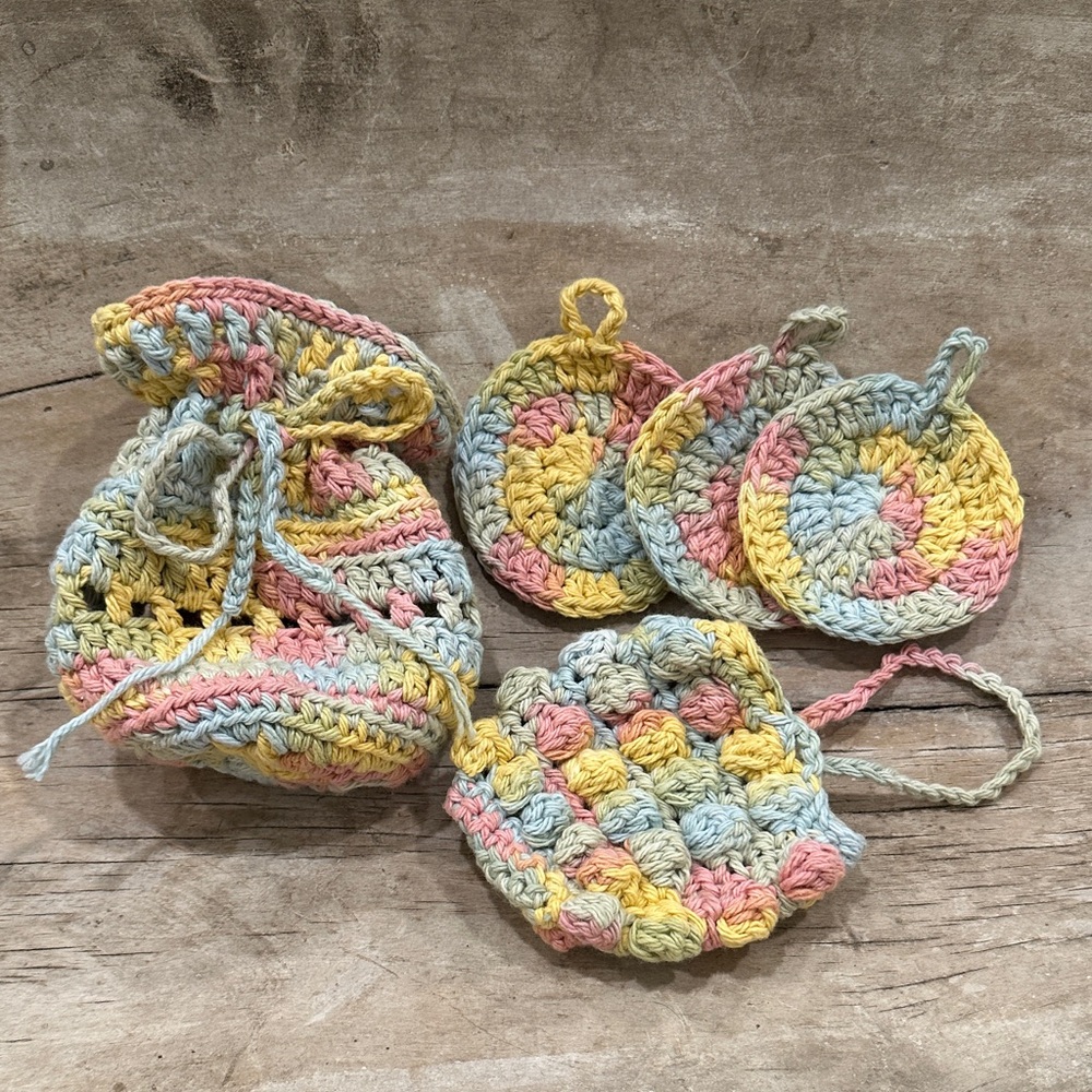 Handmade Cotton Crochet Bath Set - Drawstring Bag + Face pads + Soap pouch